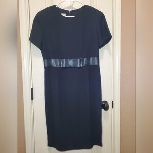 Talbots Short Sleeve Midi Elegant Black Dress with Satin Detail Size 10